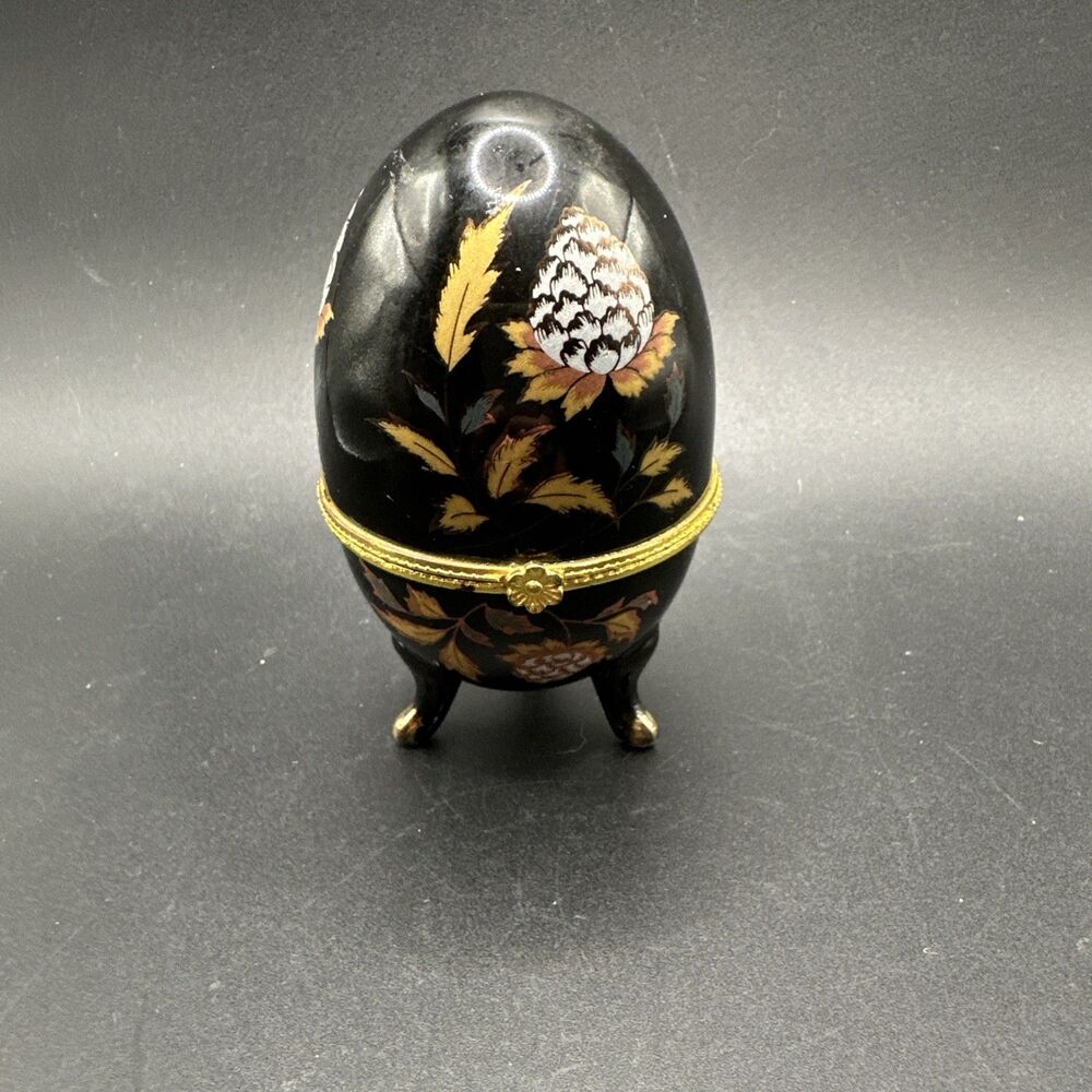 Vintage Black Gold Porcelain Egg Trinket Box Flower Decor 3 Legged Hinged